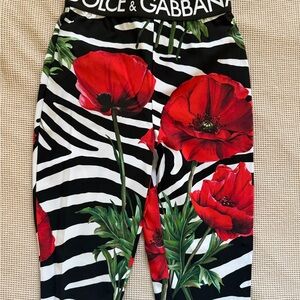 Dolce & Gabbana Black and White Zebra Print Leggings with Red Floral Design